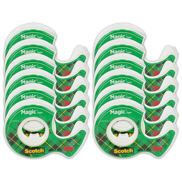 Twelve rolls of Scotch Magic Tape Transparent (0.75in x 350in), by Scotch, are neatly arranged in two stacks against a white background.